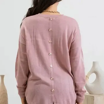 Dusty Pink Back Buttoned Pullover Light Sweater
