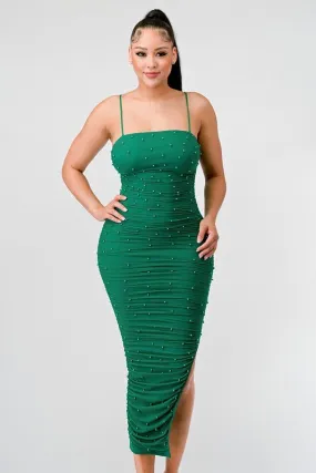 Emerald Pearl Mesh Sleeveless Slitted Midi Dress
