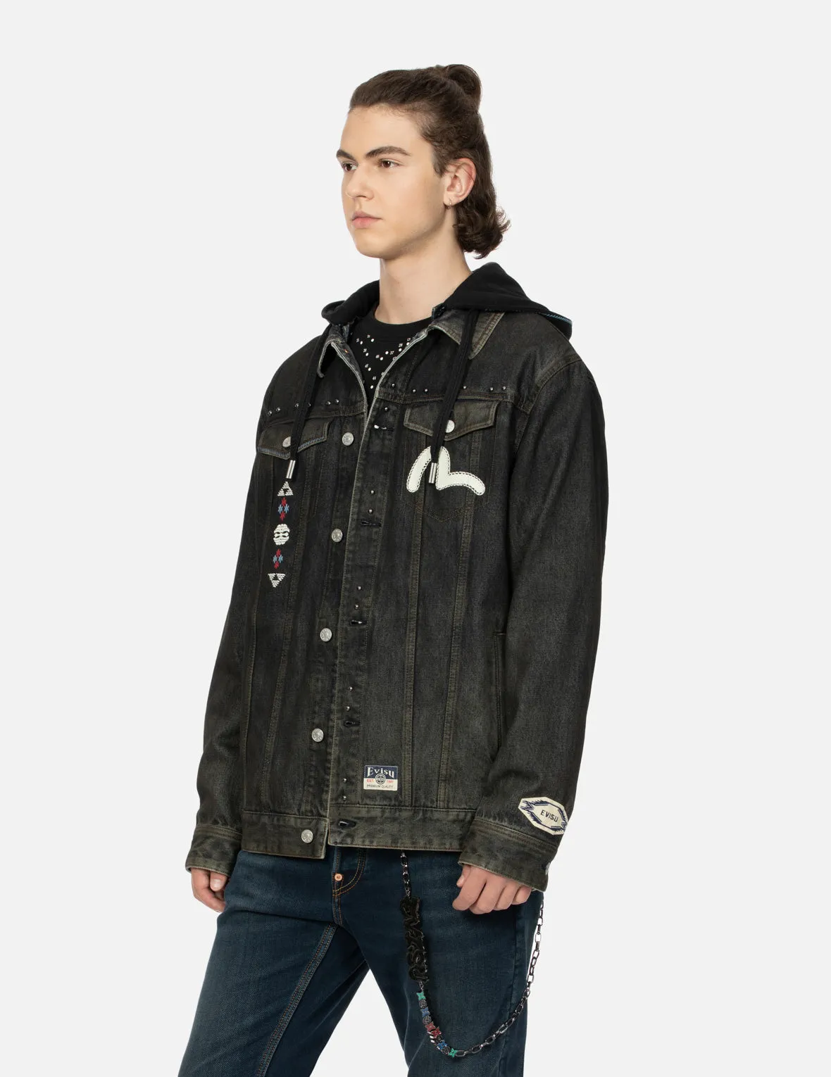 Ethnic-inspired Wheel of Wisdom Print and Embroidery Relax Fit Denim Jacket