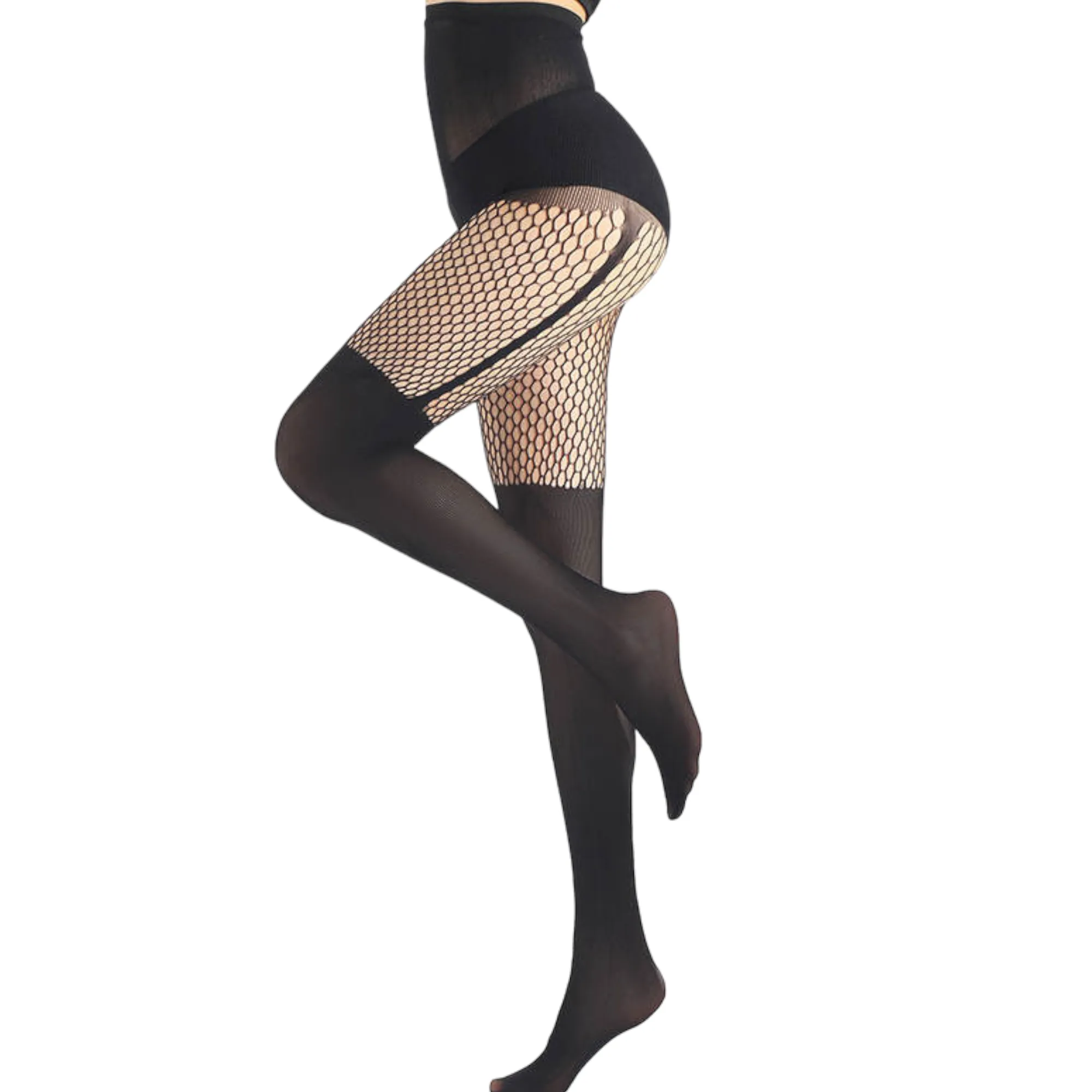 Fishnet Garter Detailed Stockings- Black