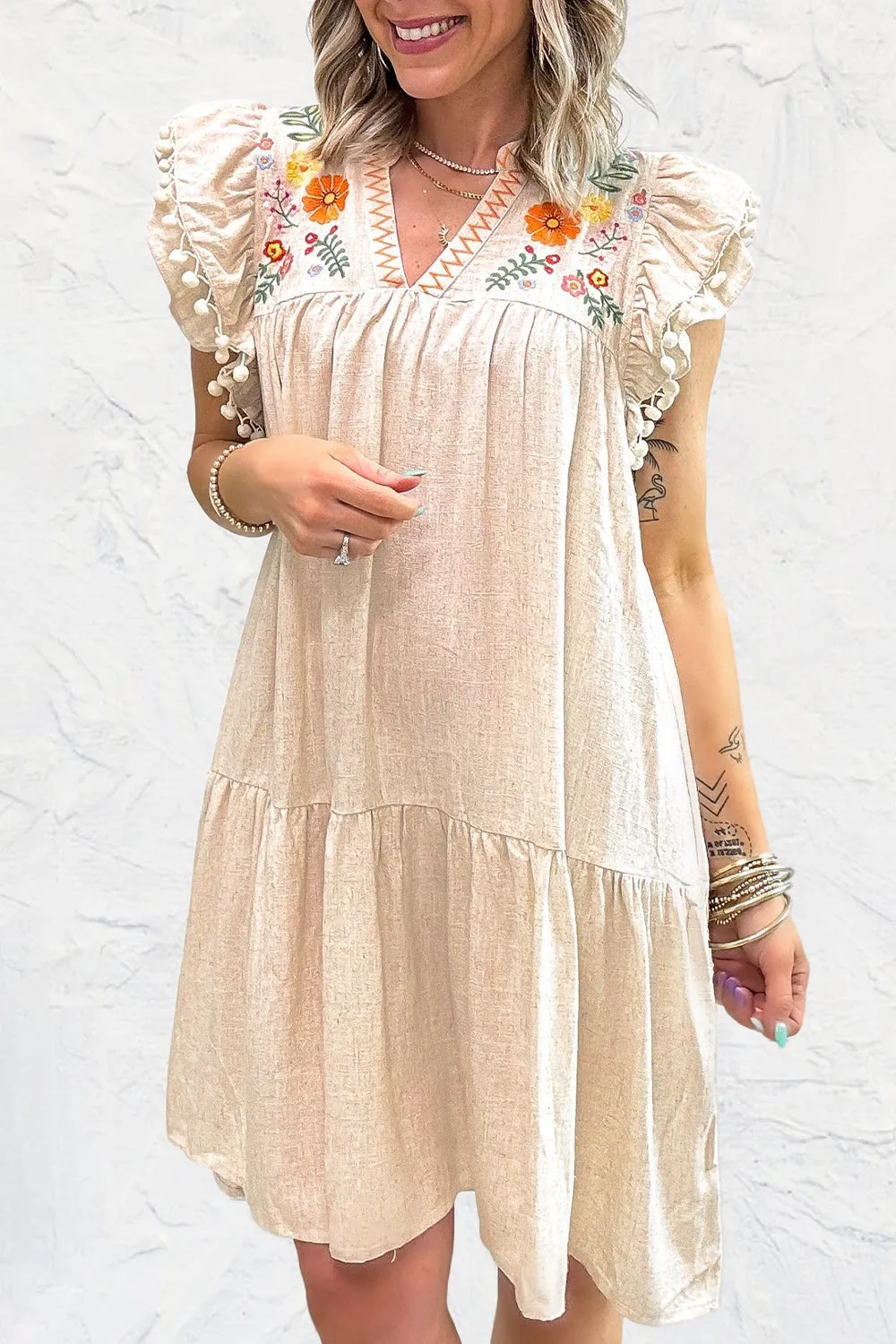 Floral Embroidery Pom Pom Ruffle Sleeves Mini Dress