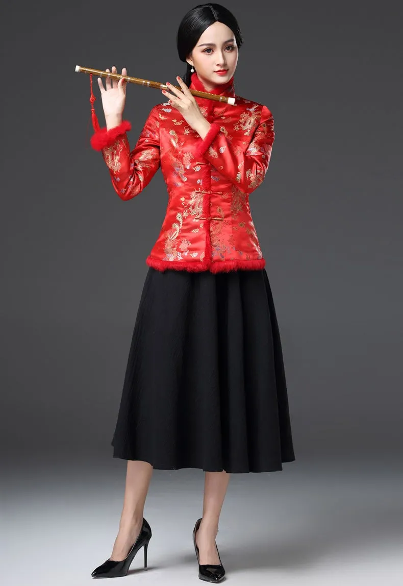 Fur Edge Floral Brocade Traditional Chinese Wadded Coat Mother Coat