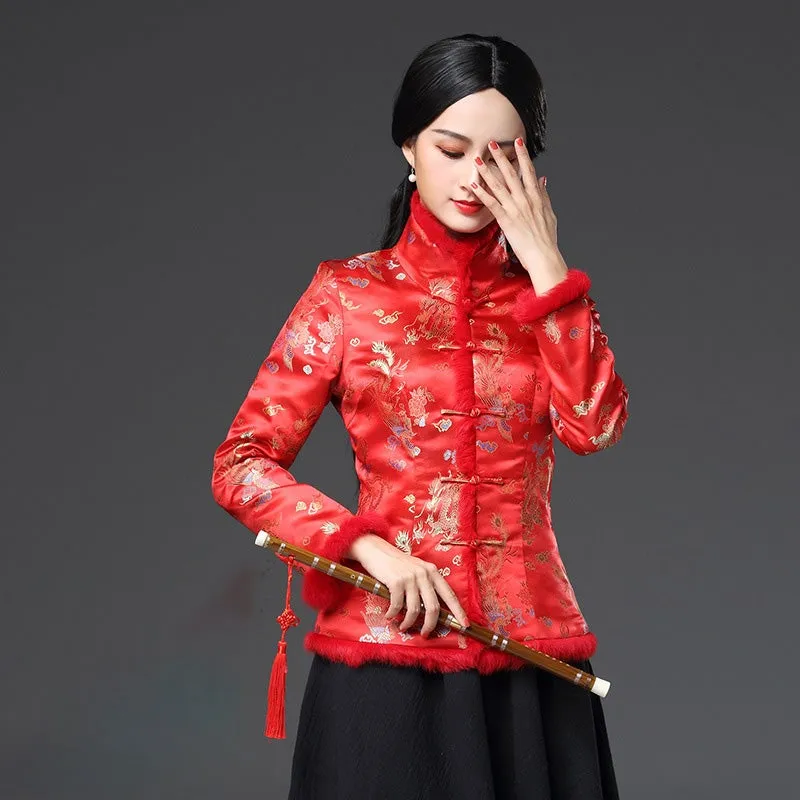 Fur Edge Floral Brocade Traditional Chinese Wadded Coat Mother Coat
