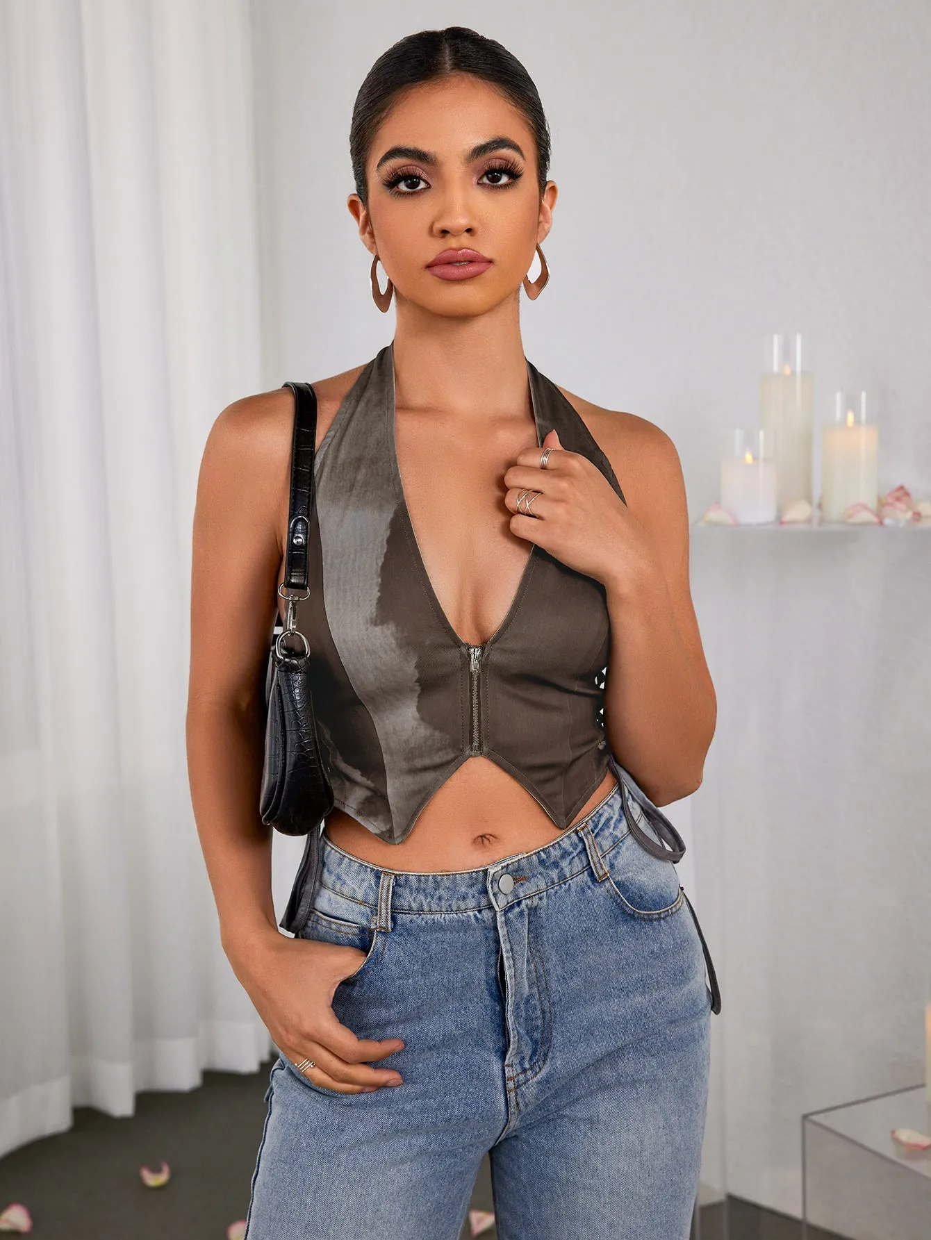 Halter Deep V-Neck Asymmetrical Hem Crop Top