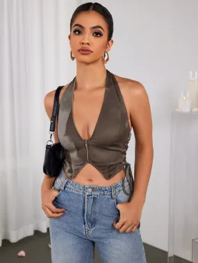 Halter Deep V-Neck Asymmetrical Hem Crop Top