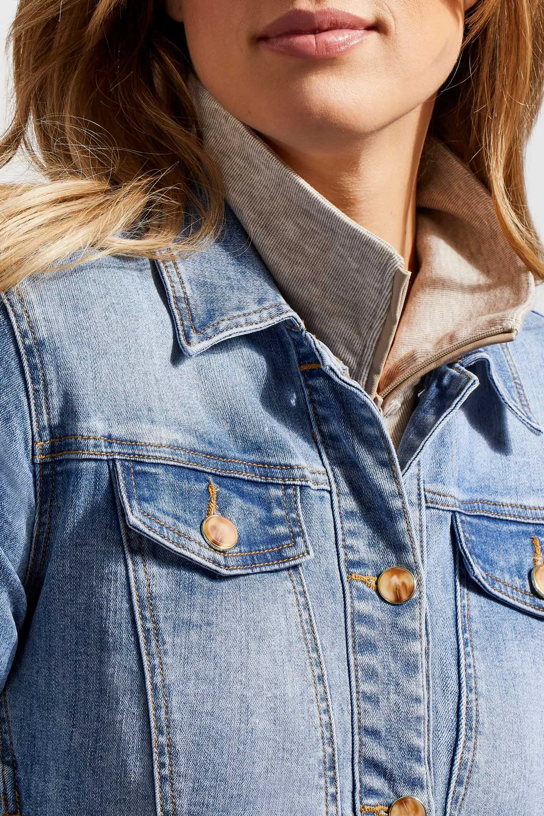 Horn-Button Stretch Denim Jacket