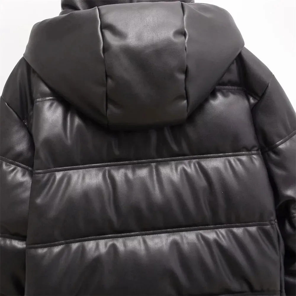 Jaden Faux Leather Hooded Puffer Jacket