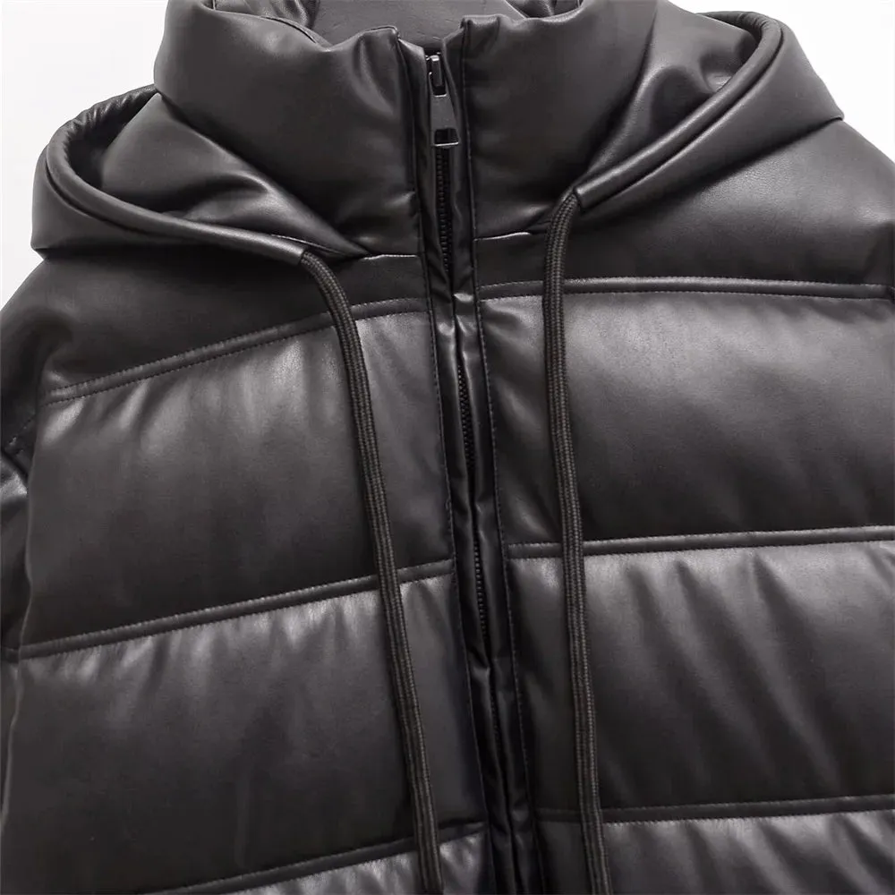 Jaden Faux Leather Hooded Puffer Jacket