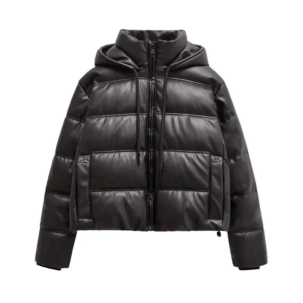 Jaden Faux Leather Hooded Puffer Jacket