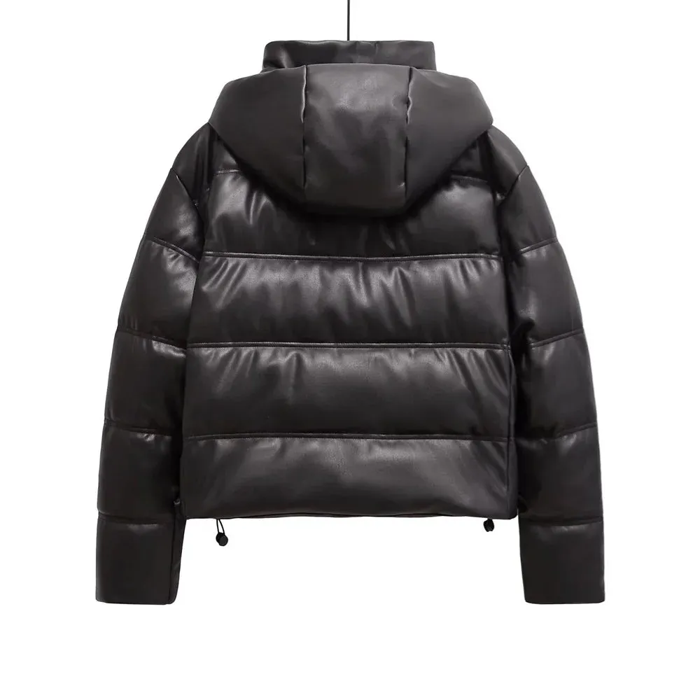 Jaden Faux Leather Hooded Puffer Jacket