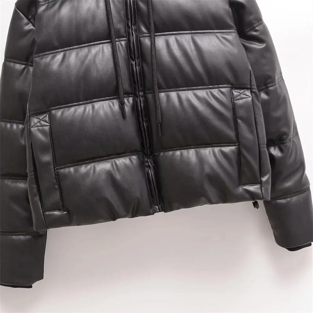 Jaden Faux Leather Hooded Puffer Jacket