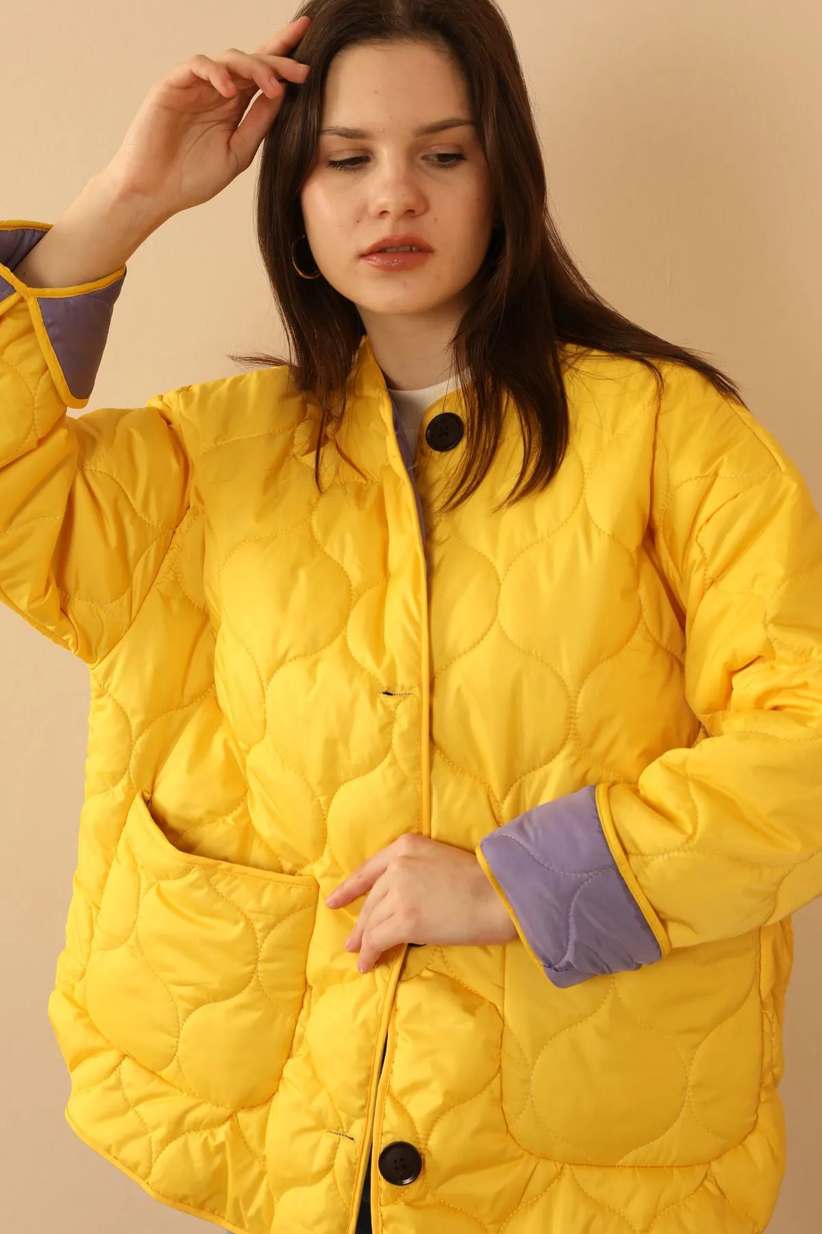 KKT Jesica Fabric Onion Pattern Women Puffer Jacket-Yellow - Cedar Rapids