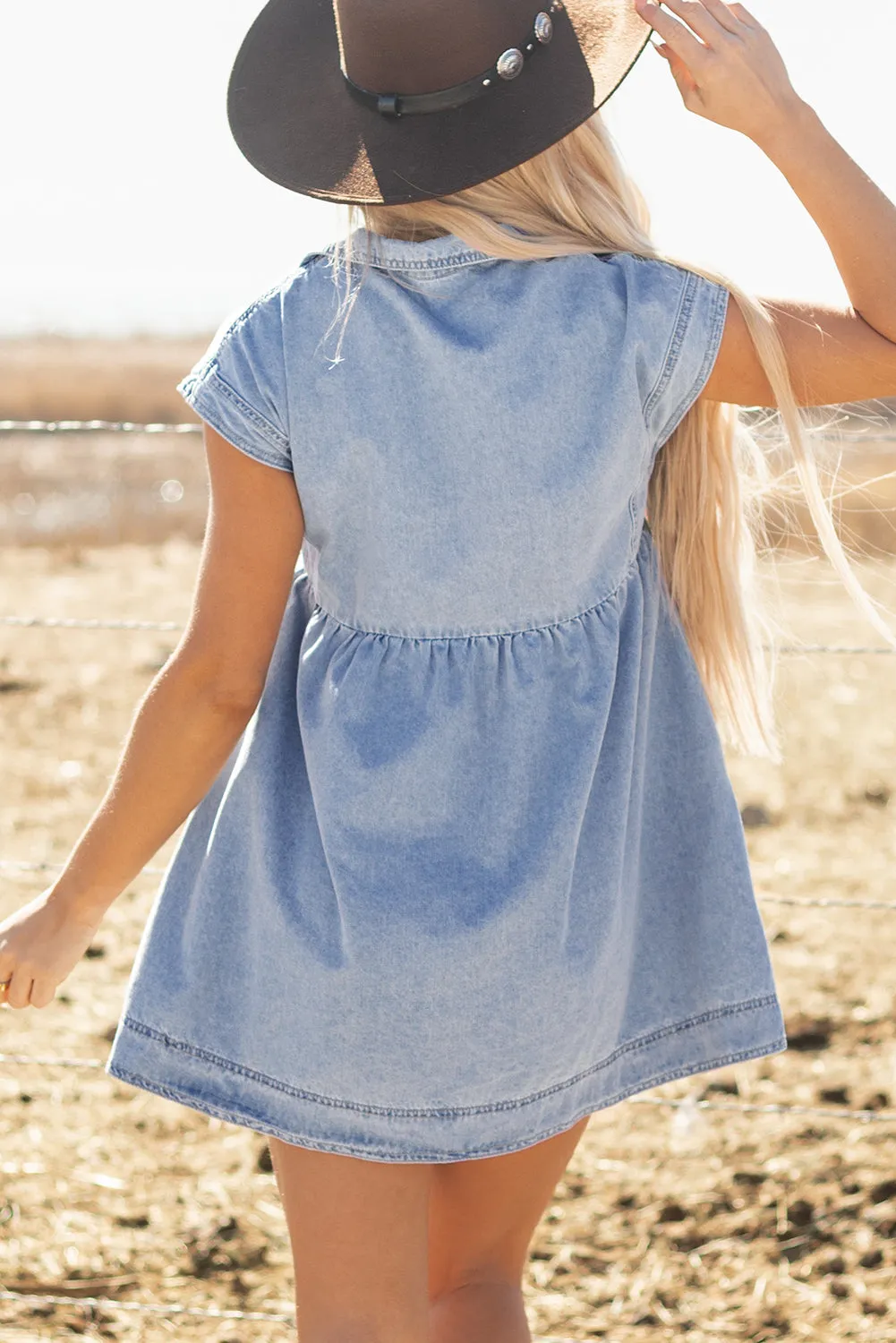 Laney Lapel Neck High Waist Denim Babydoll Dress