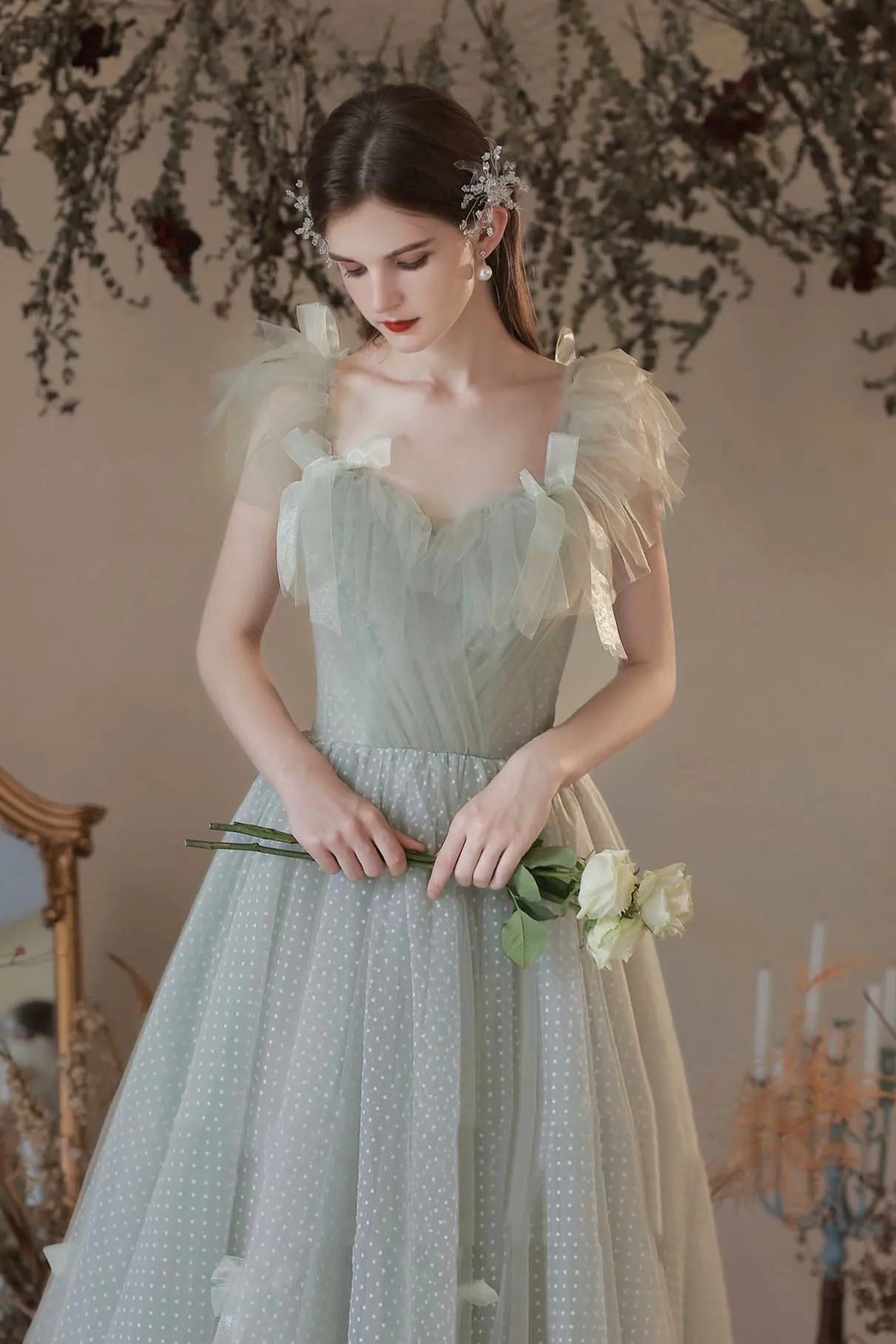 Light Green Tulle Long A-Line Prom Dress, Off the Shoulder Evening Party Dress