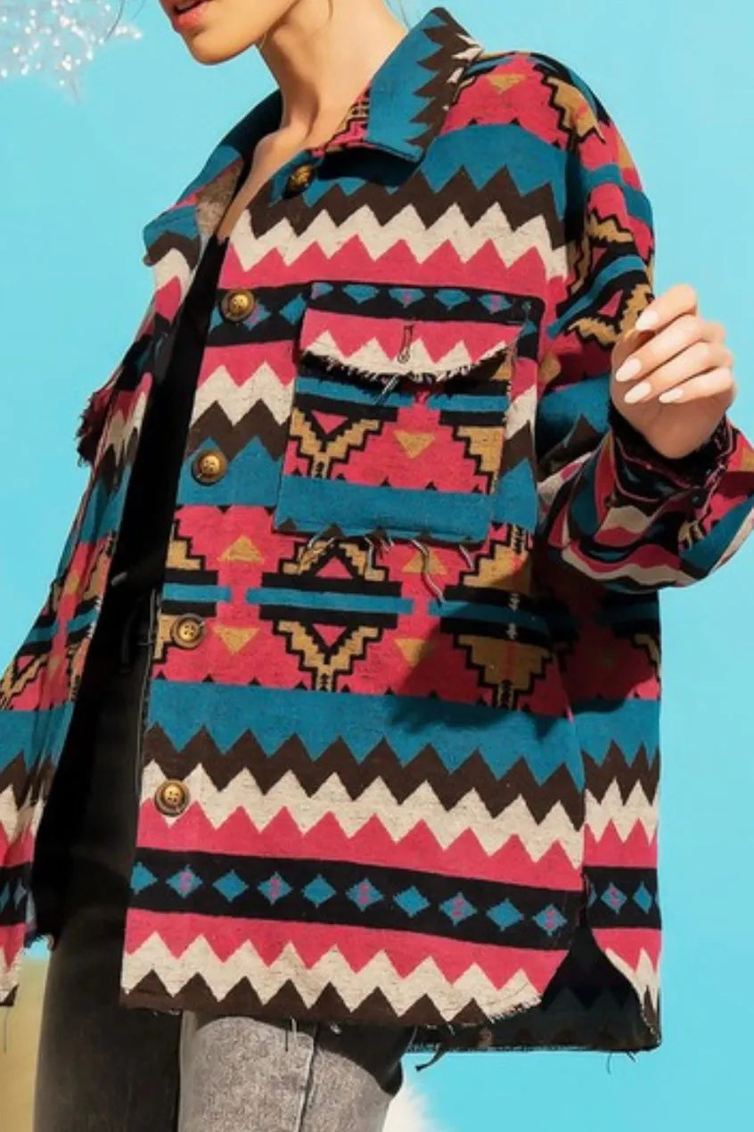 LONG SLEEVE TRIBAL AZTEC PRINT SHIRT JACKET WITH RAW HEM