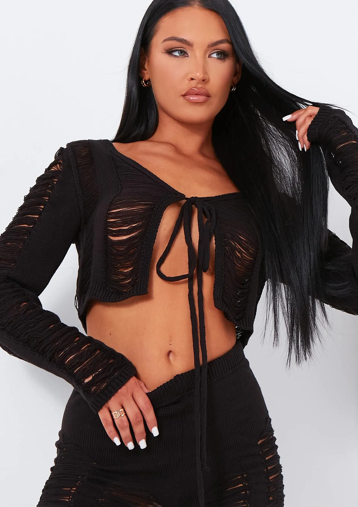 Lucille Black Laddered Knitted Tie Front Cardigan