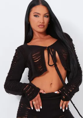 Lucille Black Laddered Knitted Tie Front Cardigan