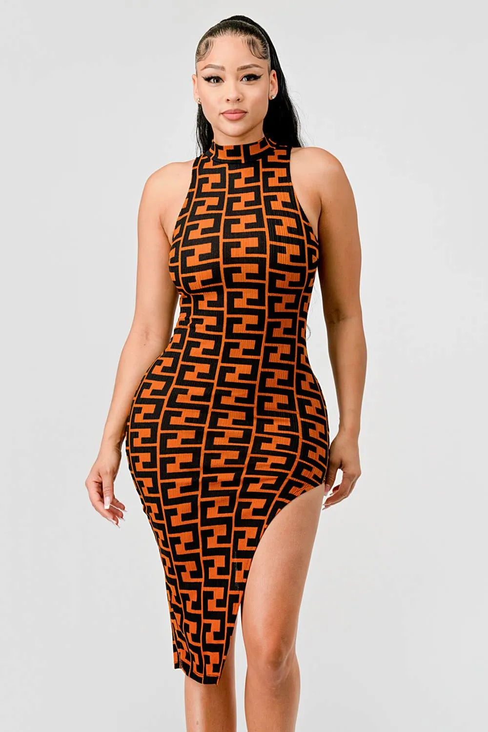LUXE SWEATER KNIT PATTERN PRINT ASYMMETRICAL DRESS