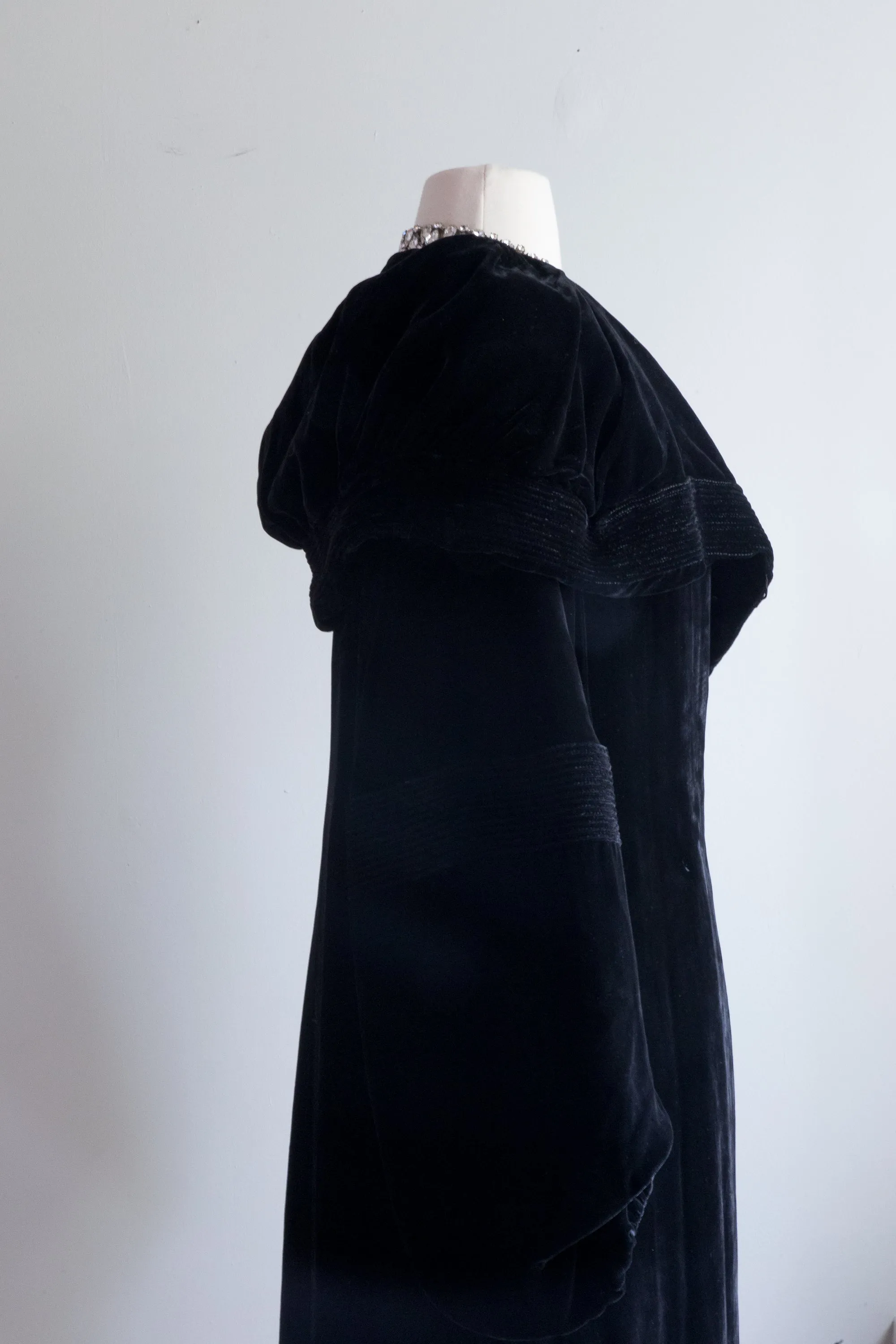 Luxurious 1920's Black Silk Velvet Opera Coat With Shawl Collar / SM