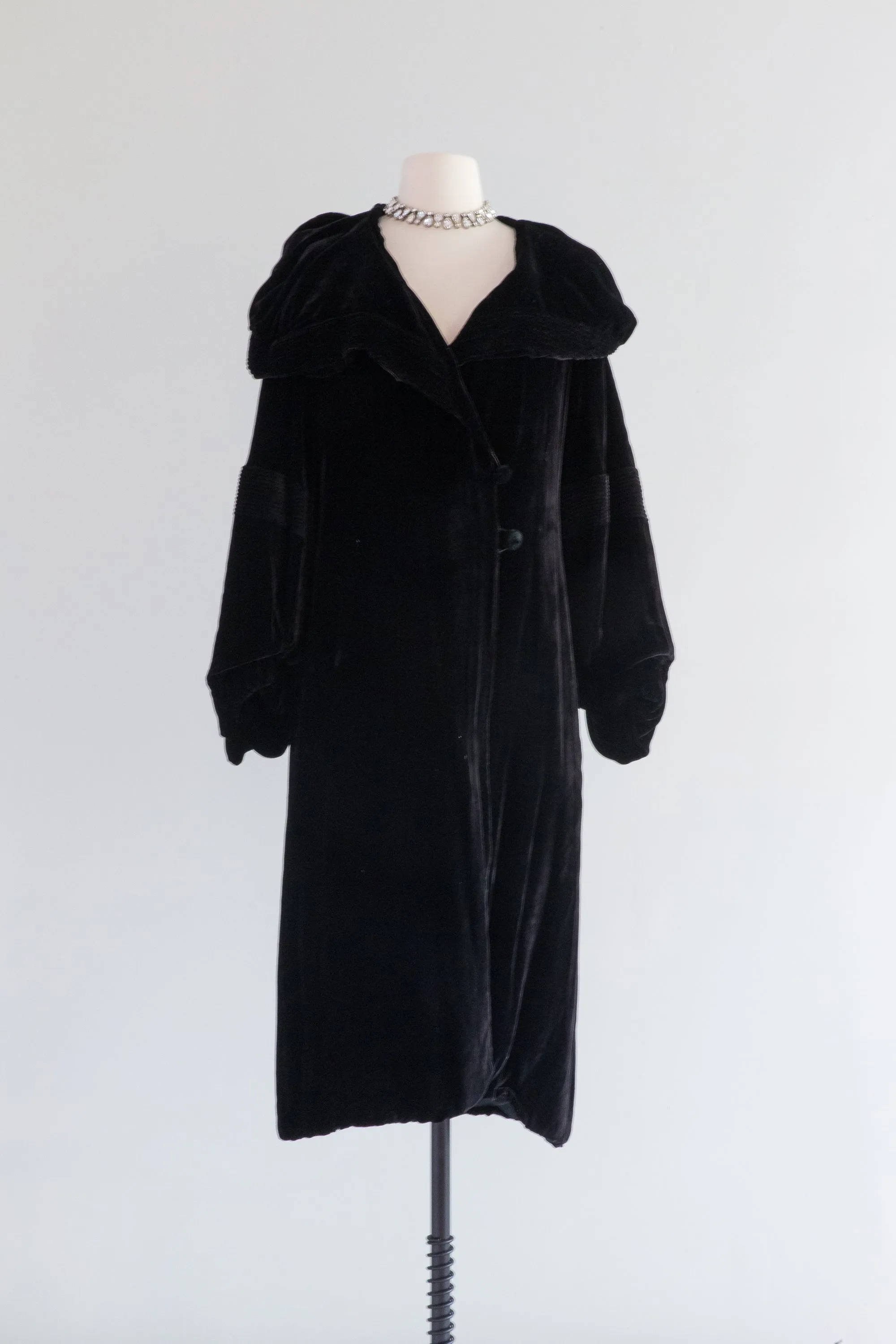 Luxurious 1920's Black Silk Velvet Opera Coat With Shawl Collar / SM