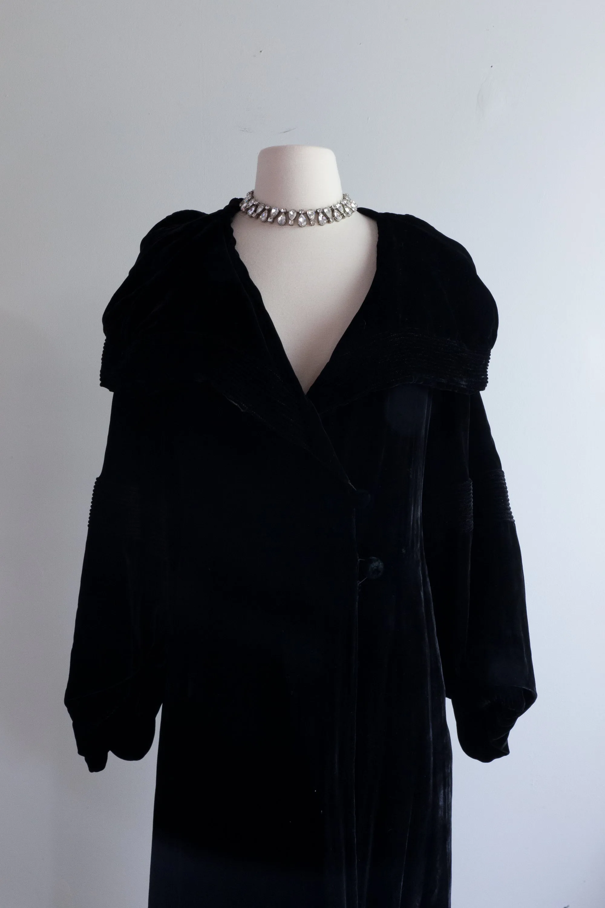 Luxurious 1920's Black Silk Velvet Opera Coat With Shawl Collar / SM