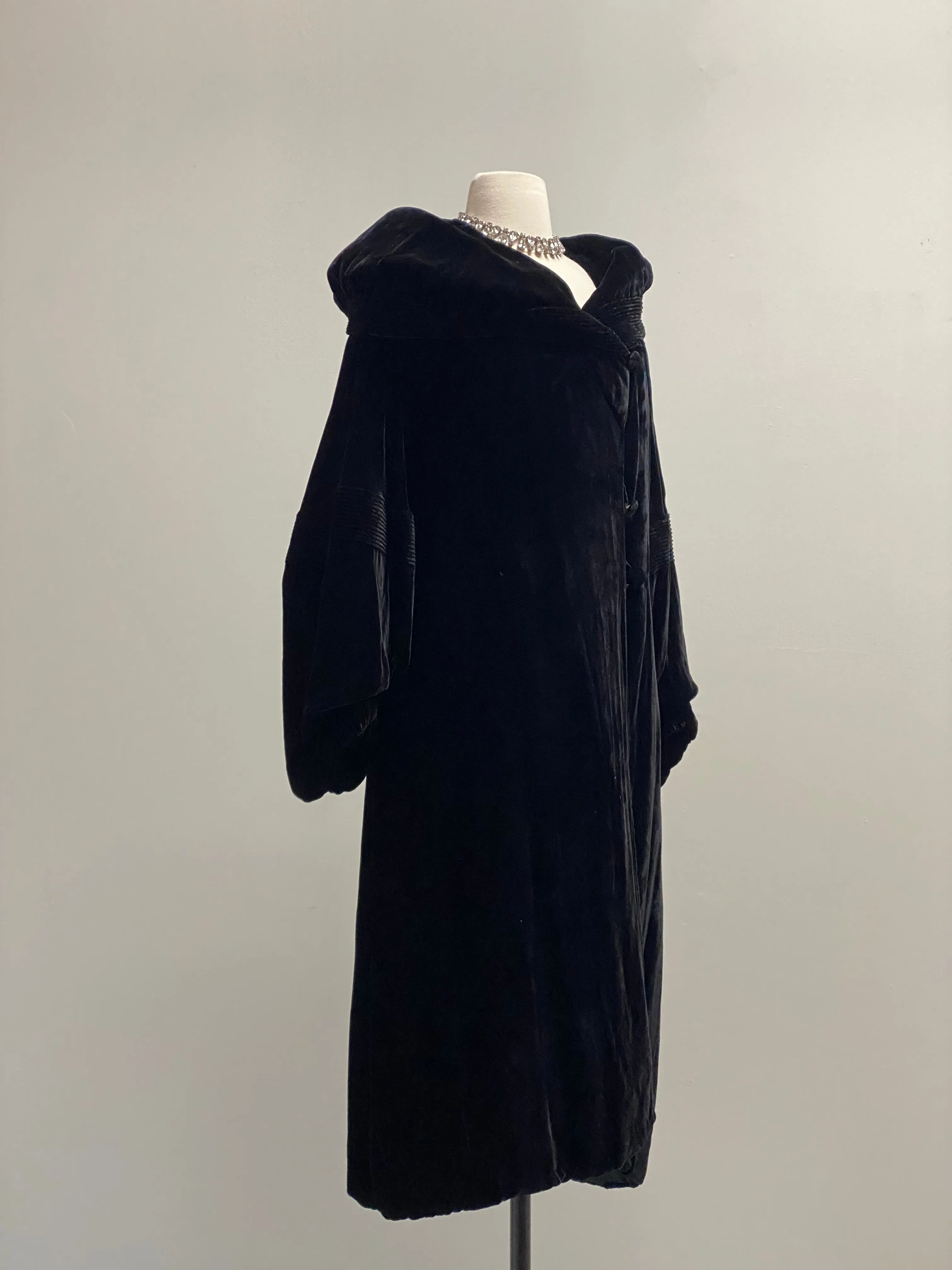 Luxurious 1920's Black Silk Velvet Opera Coat With Shawl Collar / SM