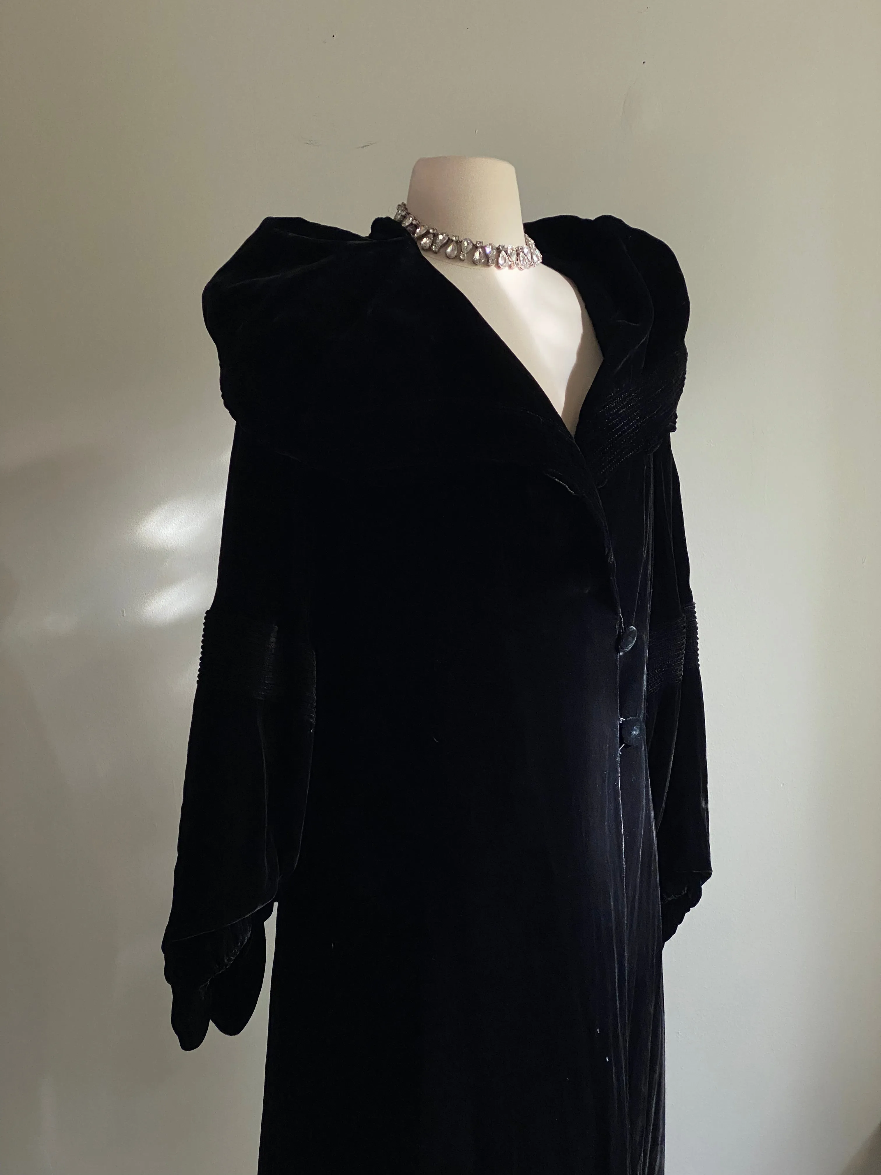 Luxurious 1920's Black Silk Velvet Opera Coat With Shawl Collar / SM