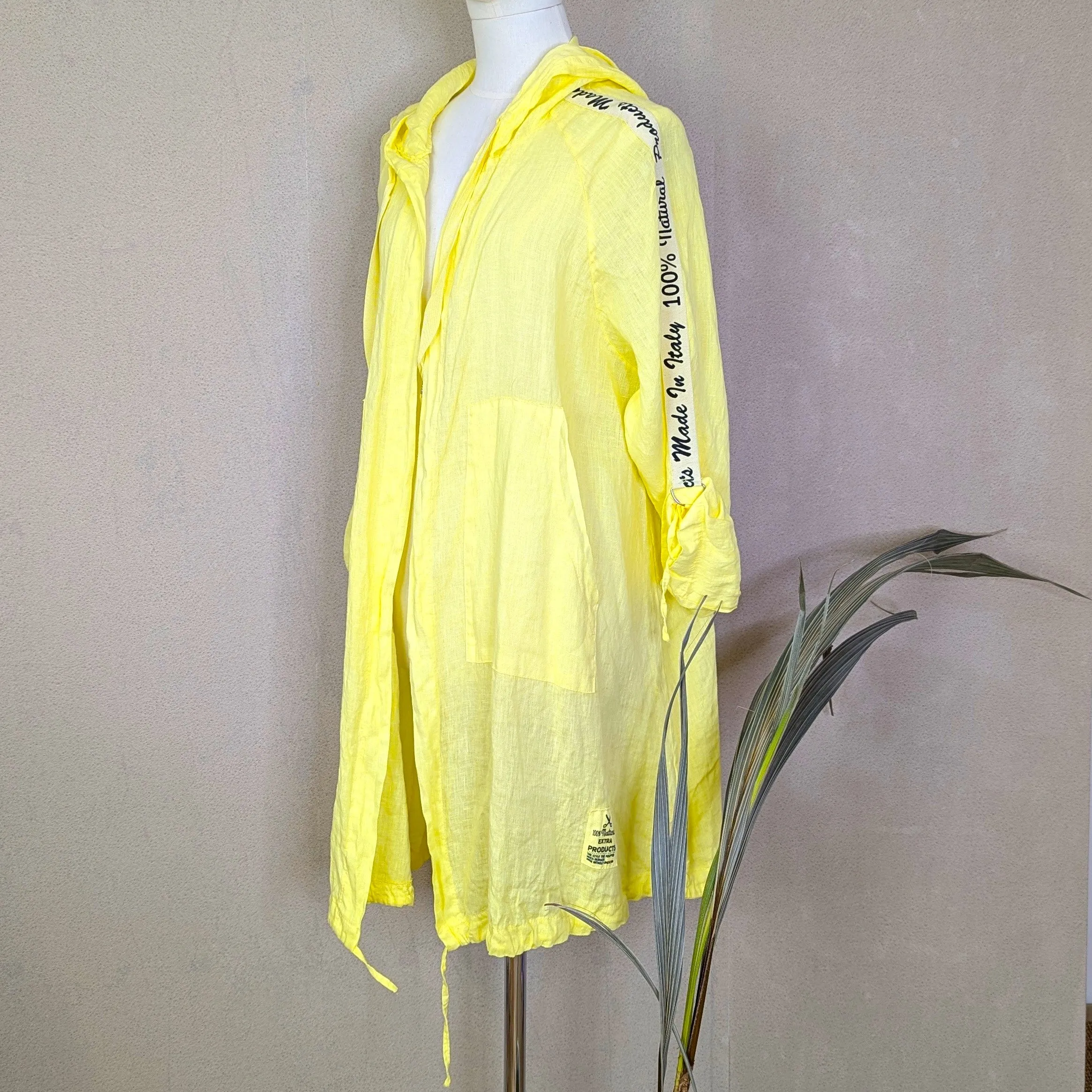 Made in Italy worded pure linen jacket with hood, pockets and drawstring hem