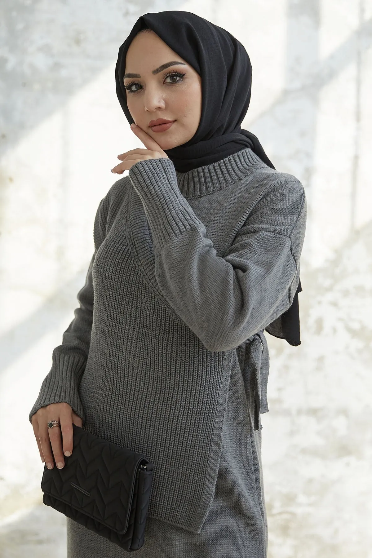 MDS Women Knitted Dress with Tied Sweater - Anthracite - Panevėžys