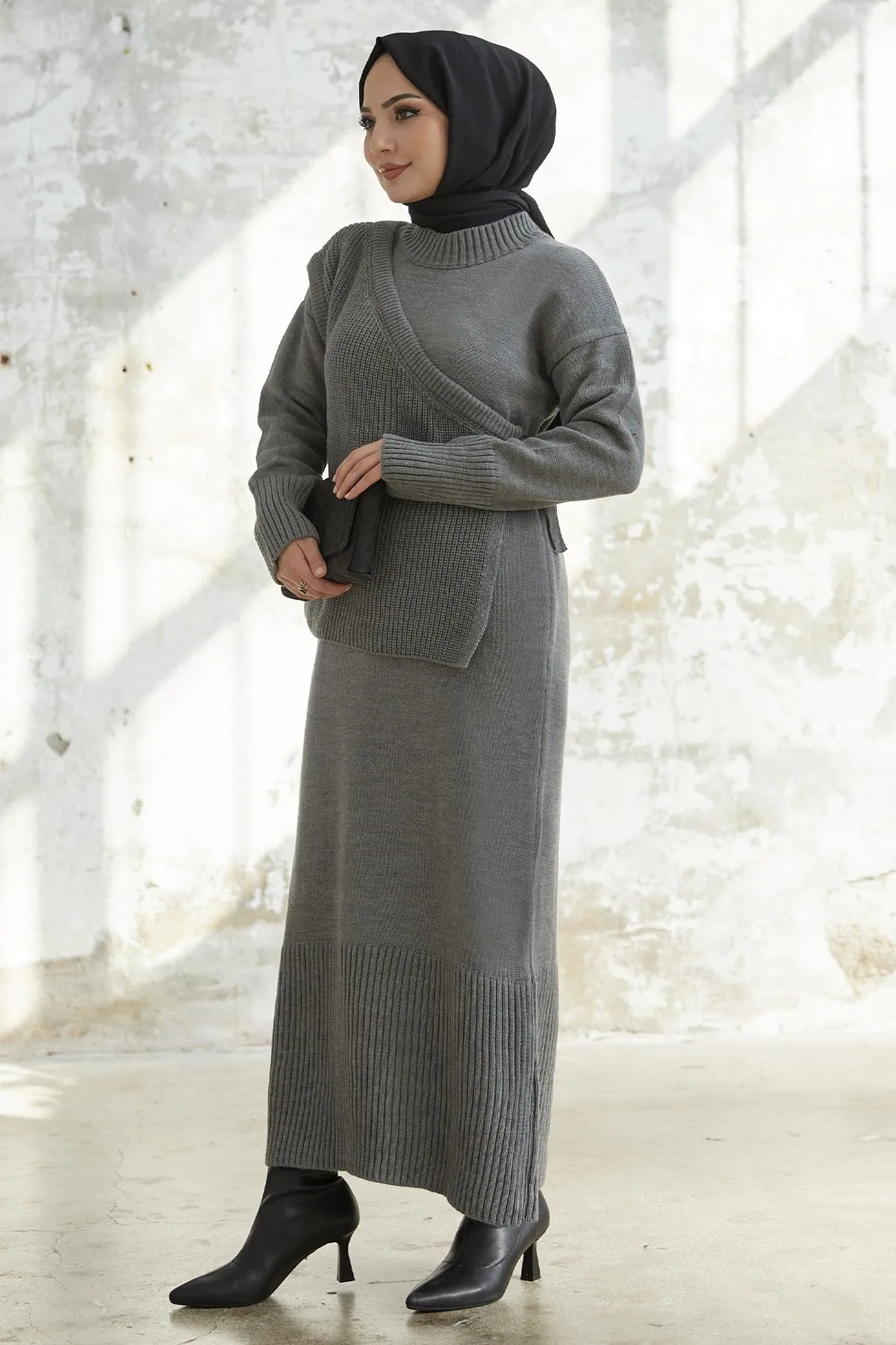 MDS Women Knitted Dress with Tied Sweater - Anthracite - Panevėžys