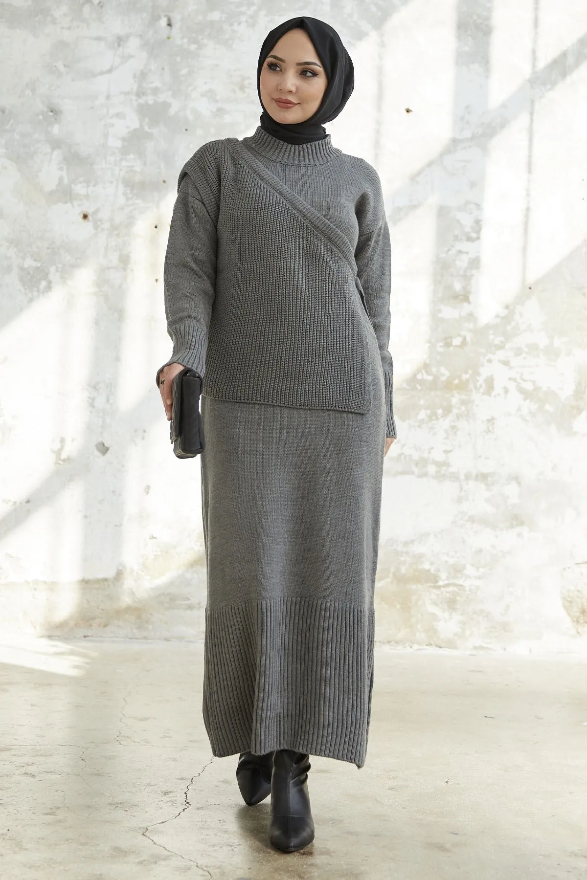 MDS Women Knitted Dress with Tied Sweater - Anthracite - Panevėžys