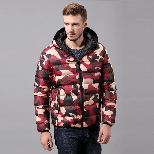 Men's Cotton Padded Down Jacket Camouflage Parka Camo Zipper Hoodie Autumn Coat Male Casual