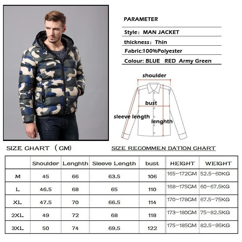 Men's Cotton Padded Down Jacket Camouflage Parka Camo Zipper Hoodie Autumn Coat Male Casual