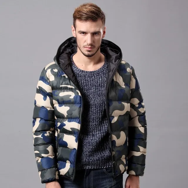 Men's Cotton Padded Down Jacket Camouflage Parka Camo Zipper Hoodie Autumn Coat Male Casual