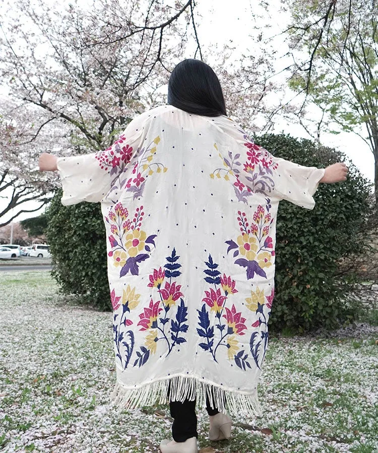 Navy Floral Fringe Boho Kimono Cardigan