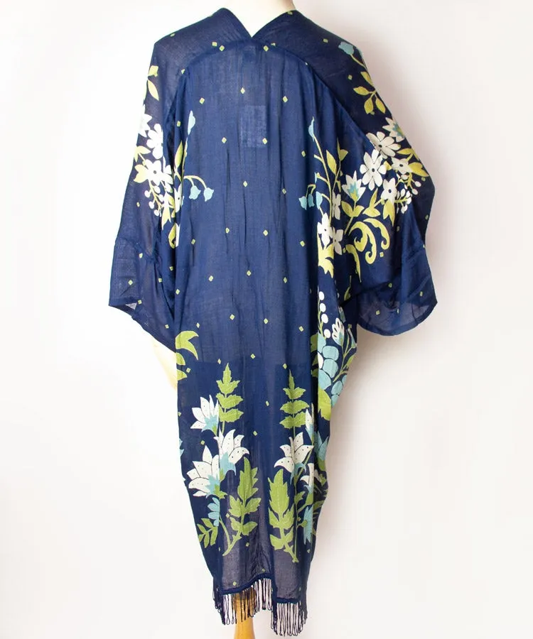 Navy Floral Fringe Boho Kimono Cardigan