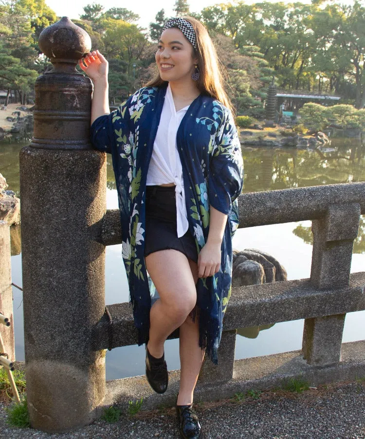 Navy Floral Fringe Boho Kimono Cardigan