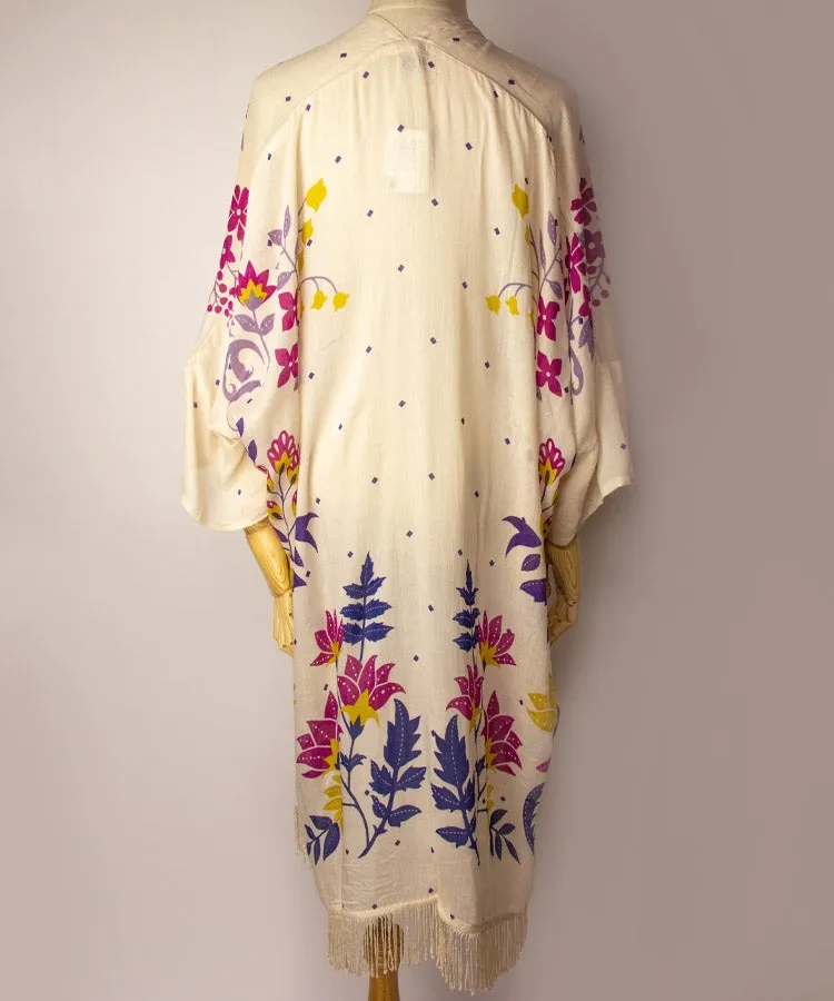 Navy Floral Fringe Boho Kimono Cardigan