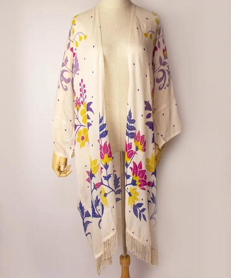 Navy Floral Fringe Boho Kimono Cardigan
