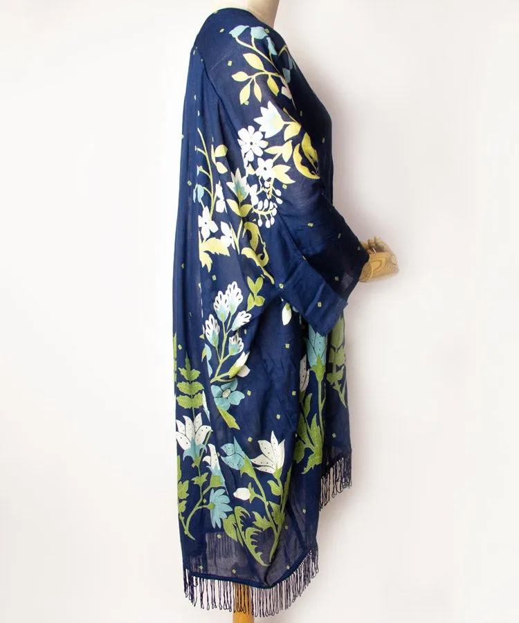 Navy Floral Fringe Boho Kimono Cardigan
