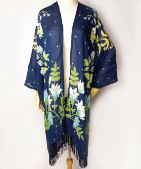 Navy Floral Fringe Boho Kimono Cardigan