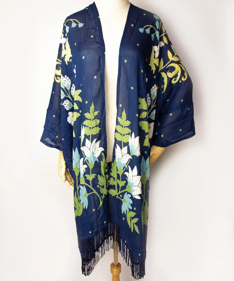 Navy Floral Fringe Boho Kimono Cardigan
