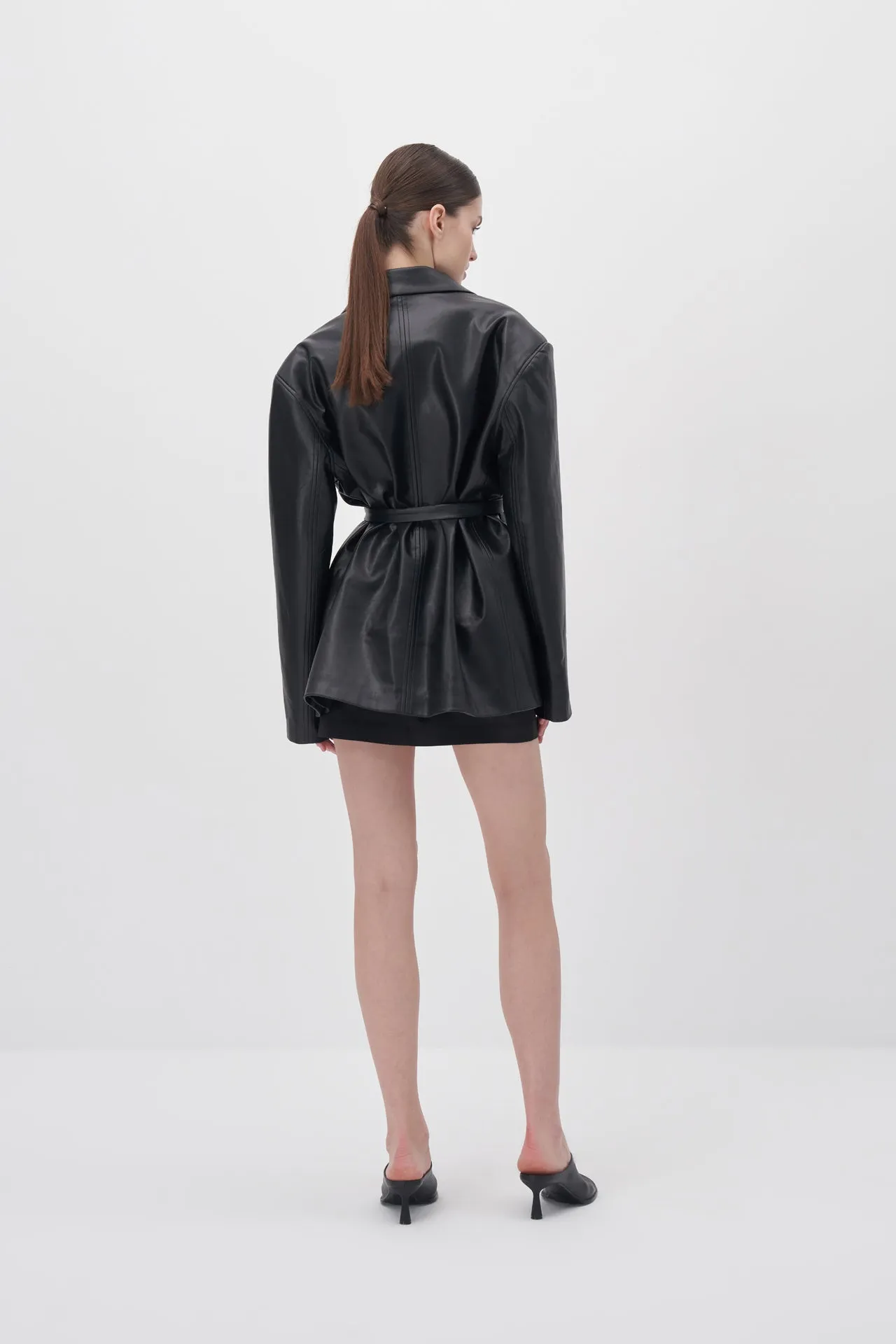 Oversized Leather Jacket with Belt Detail