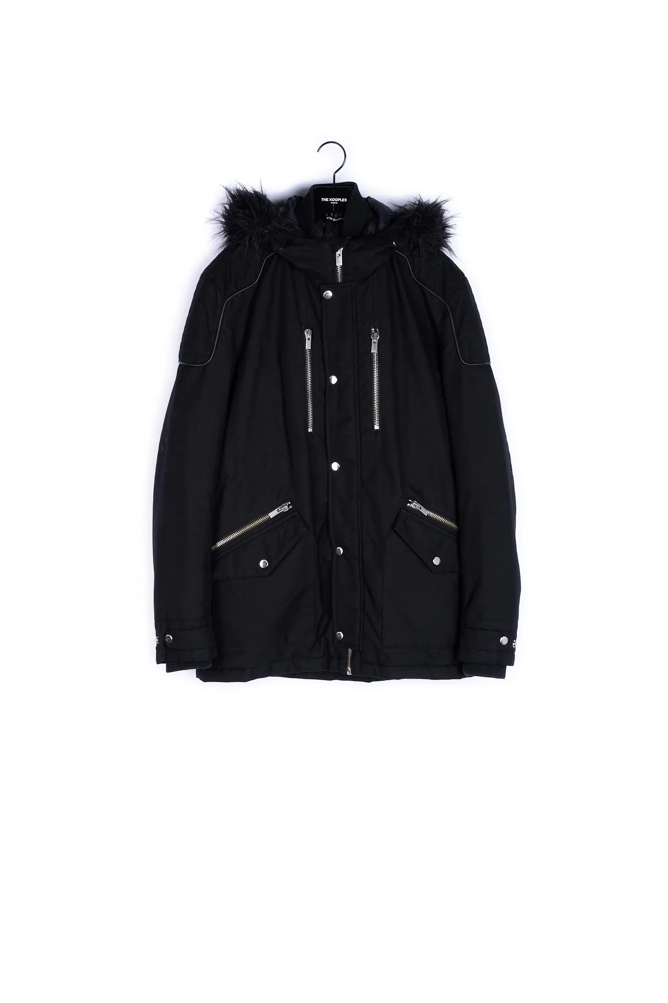Parka noire détails cuir fausse fourrure