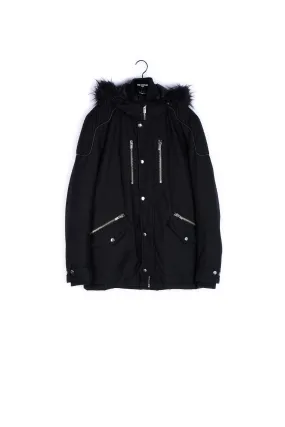 Parka noire détails cuir fausse fourrure
