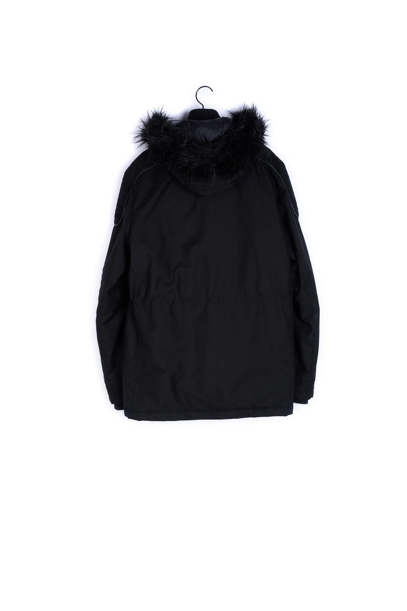 Parka noire détails cuir fausse fourrure