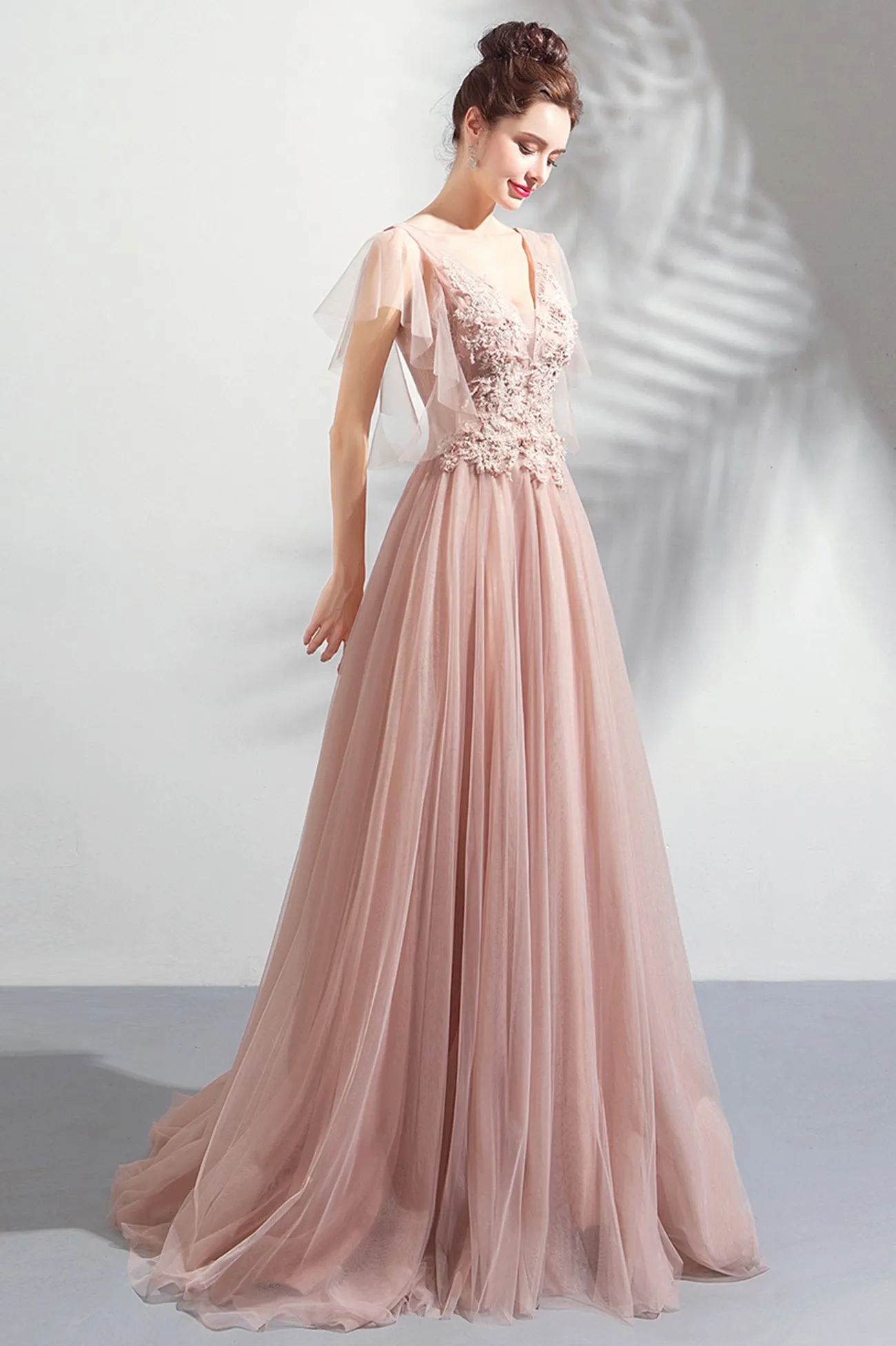 Pink V-Neck Lace Long Prom Dress, Pink Evening Party Dress