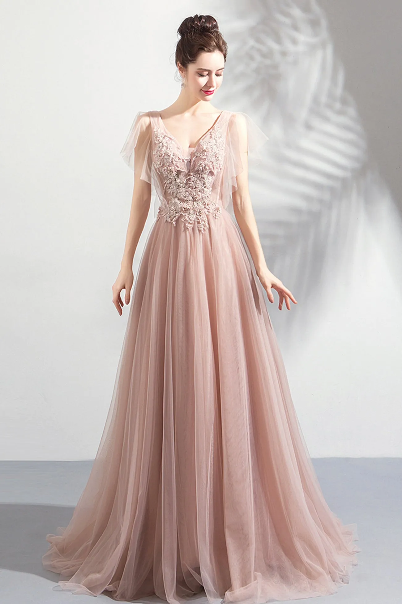 Pink V-Neck Lace Long Prom Dress, Pink Evening Party Dress