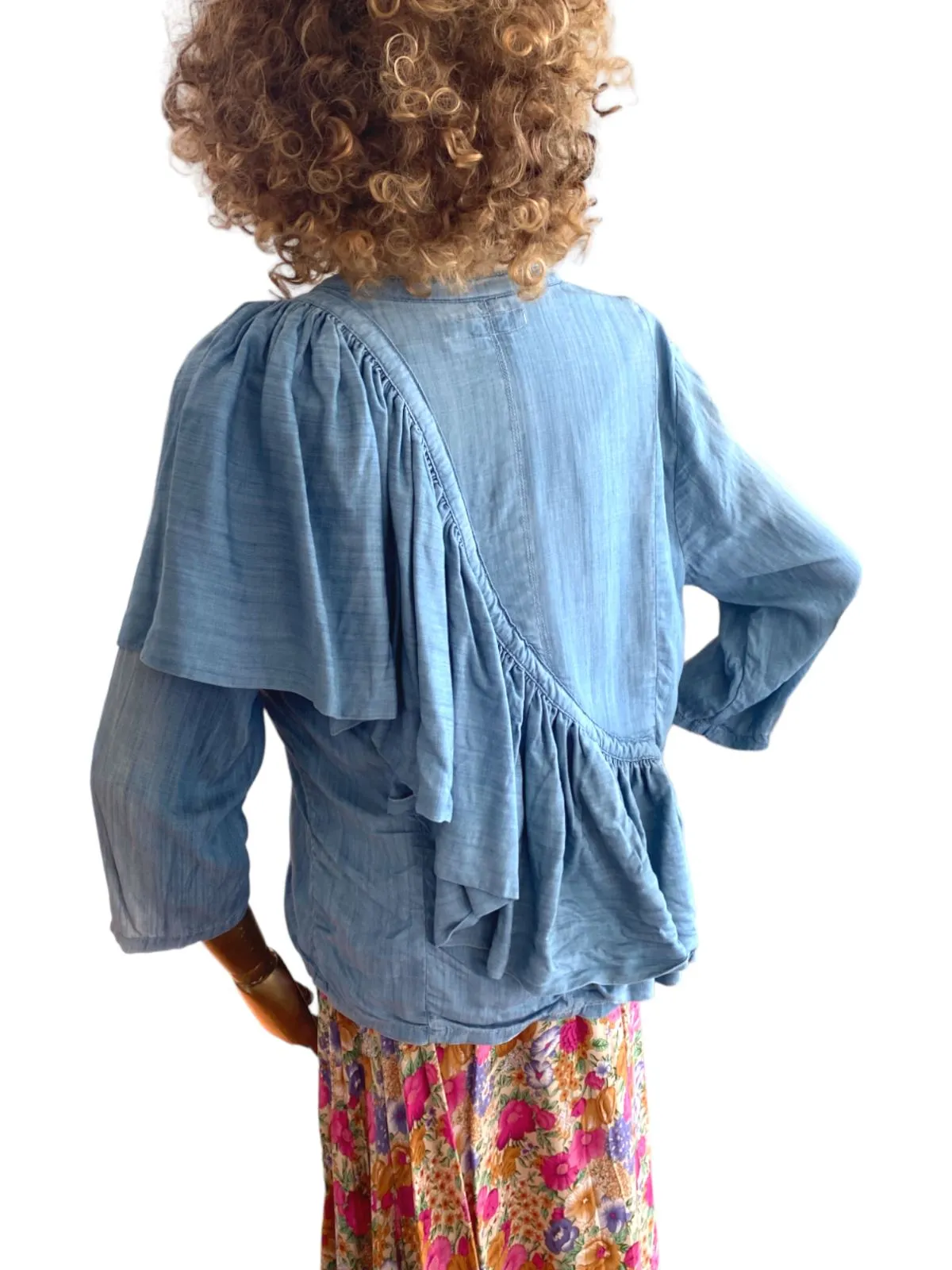 Sass & Bide Papa Sucre Denim Chambray Jacket | Big Back Frill, Blue, Size 38,