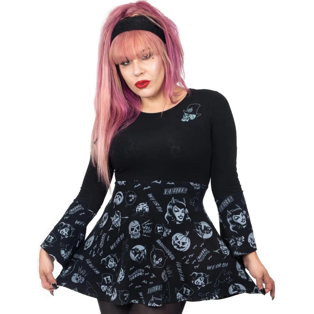 Spookshow Bell Sleeve Babydoll Top Blk/Grey